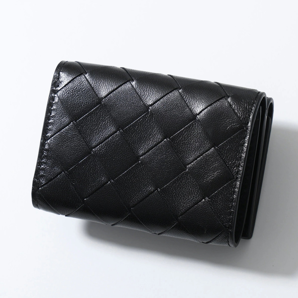 Bottega Veneta Tri fold Coin Wallet Leather Intrecciato Pocket Black